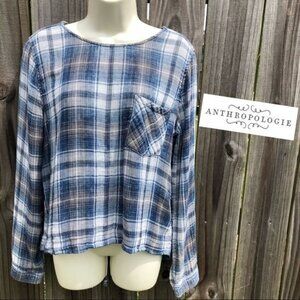 Anthropologie Cloth & Stone Medium Lace Back Top Blue White Shirt Long Sleeve